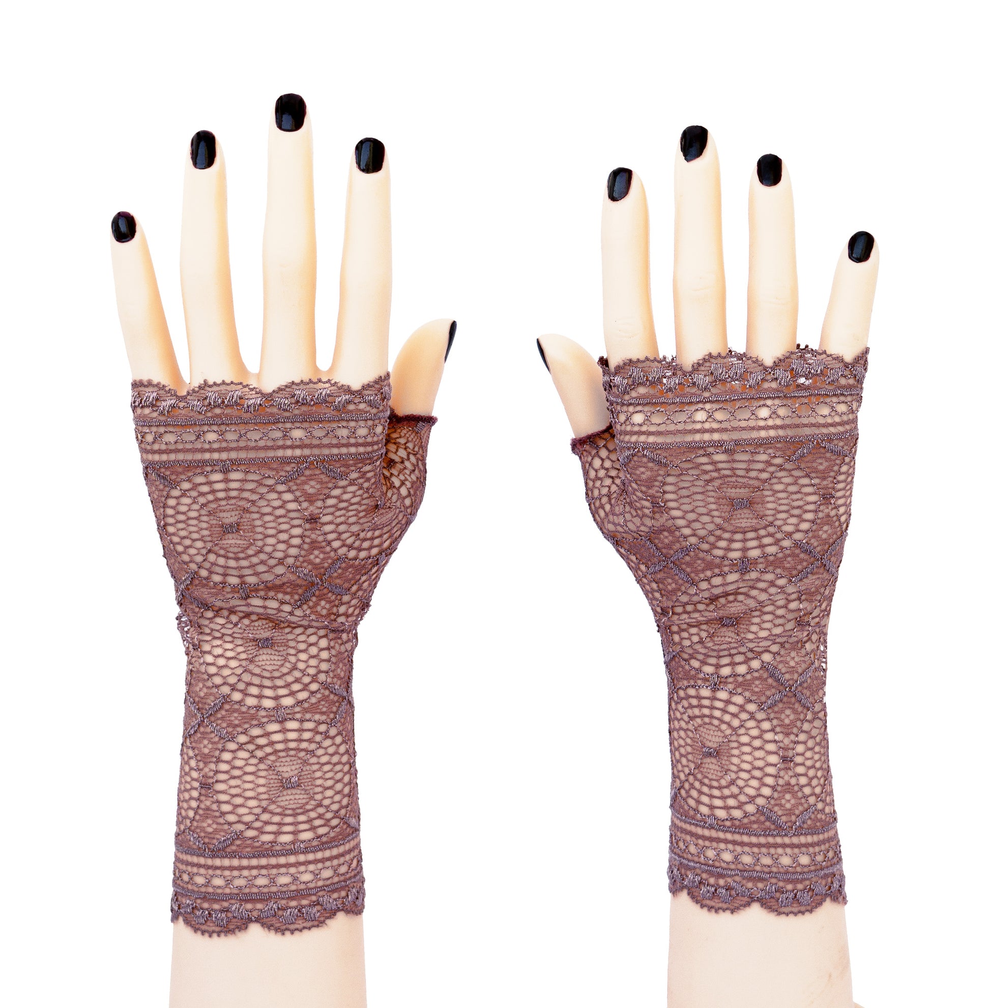 ein paar weitere fingerlose Handschuhe, vintage Garderobe, für party, Geburtstag, Hochzeit oder sonstige förmliche events, Vernissagen, Gala Abende, treue Begleitung. Aus feiner Spitze, geometrische Muster im art deco Stil, Glanz, Bogenkante, elastisch, mit Daumen zum Reinschlüpfen , ein rechter und ein linker Handschuh in der Farbe taupe-lila