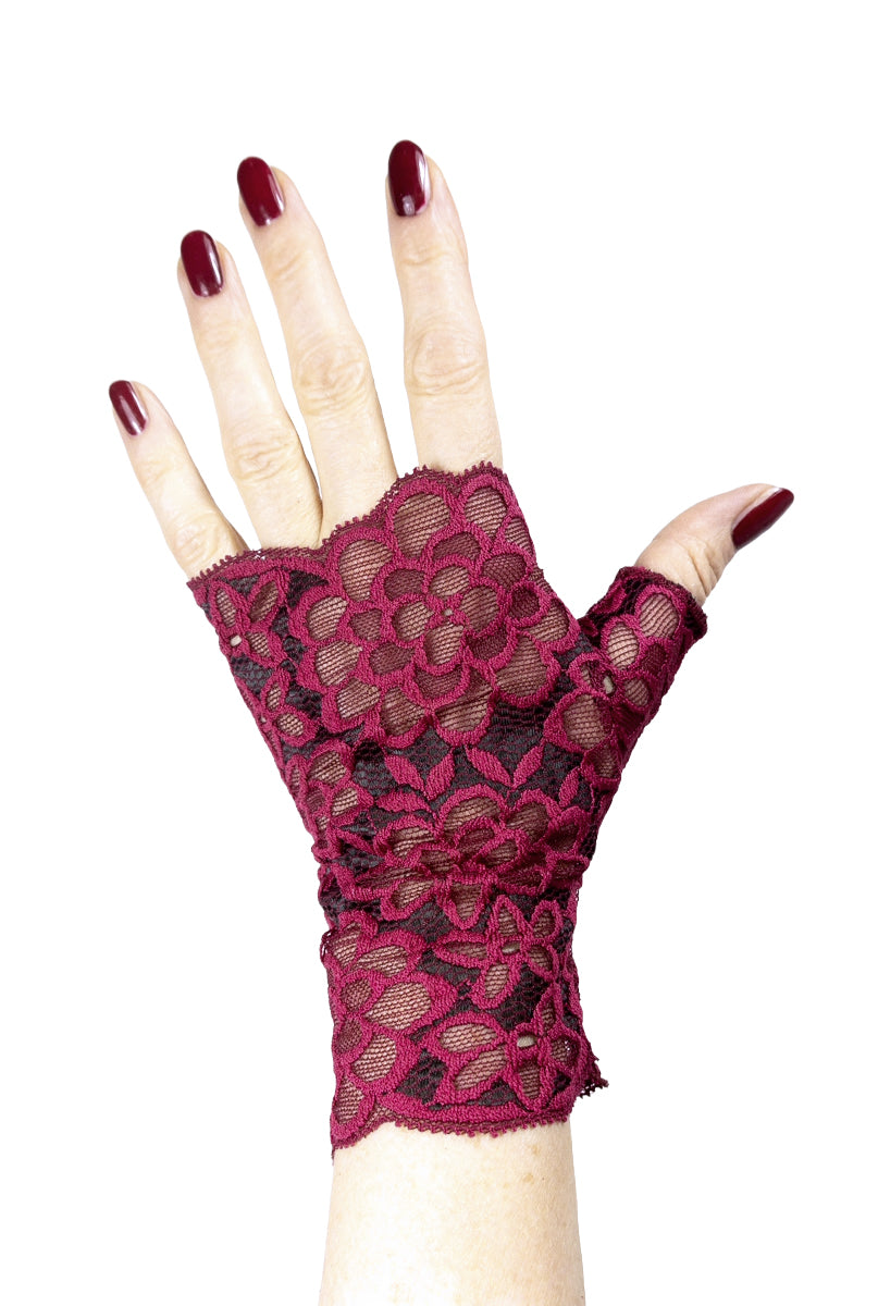 fingerlose psychedelische goa Spitzen Handschuhe fett gebluemt blickdicht punk retro design rot schwarz 