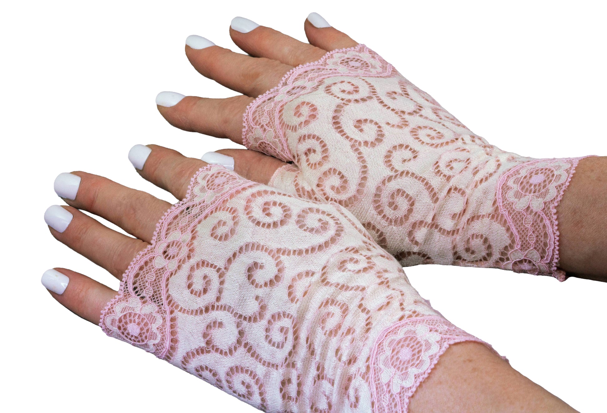 Handschuhe fingerlos aus deutscher Wäsche Spitze in weiss rosa abstrakt gemustert - elegant, edel und super weich, Handarbeit von Mouska Alfar