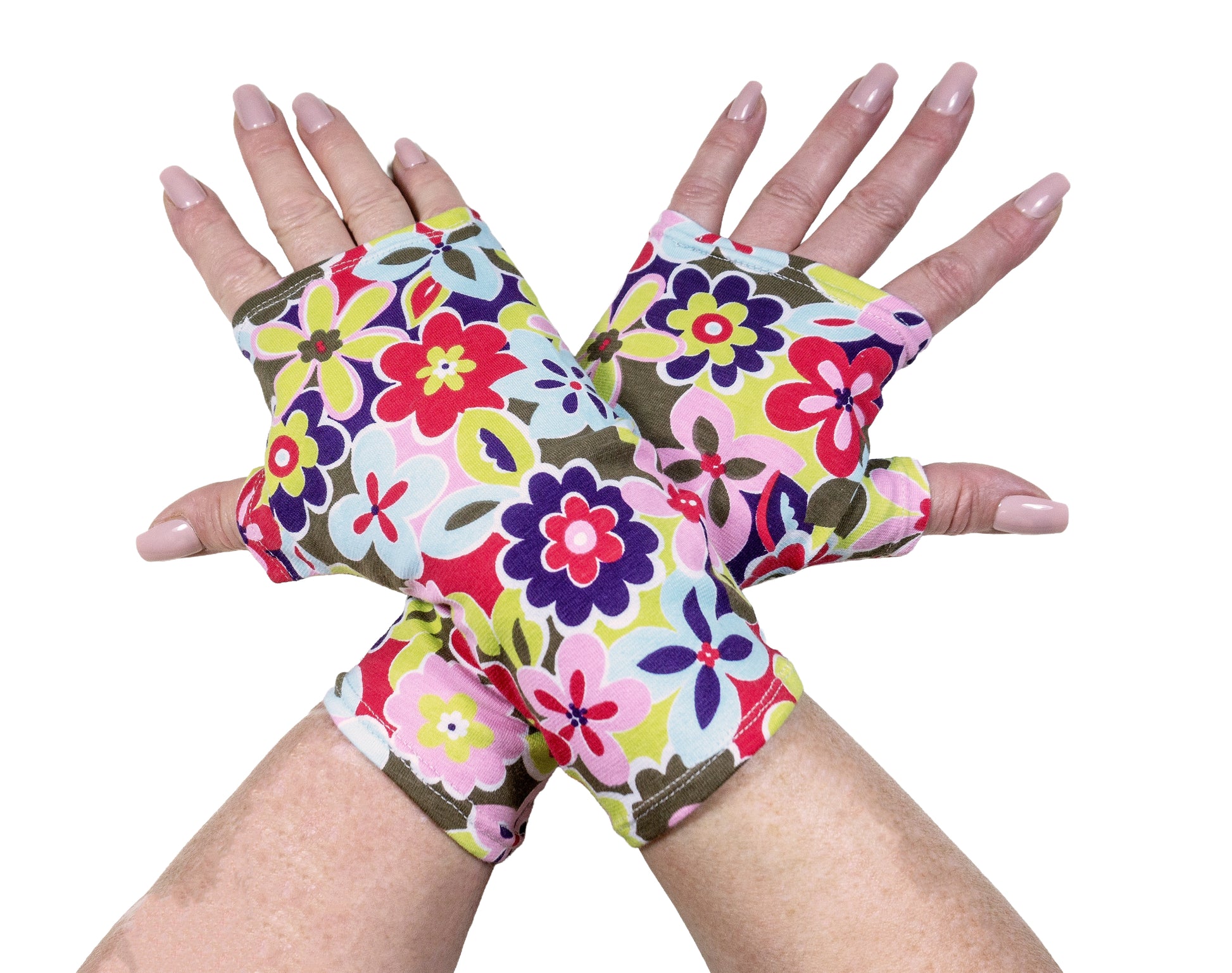 beide Hände übereinander gelegt fotografiert. Auffällige extravagante Handschuhe. Blickfang Garantie zu 100%. Aus Baumwolle, Jersey glatt, fest und wenig elastisch angefertigt, Für Damen und Kinder, von Mouska Alfar