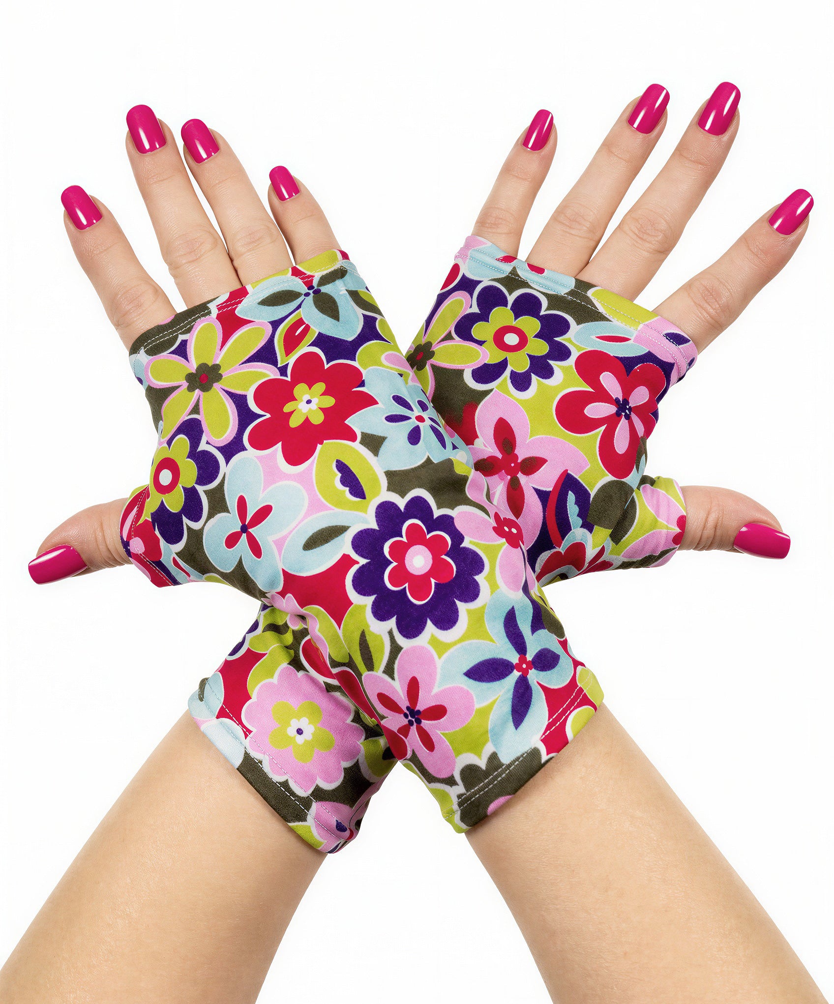 ein Paar fingerlose Handschuhe mit riesigen Goa Psy Trance Hippie Blumen digital bedruckt von Stenzo, Stoff "gimnast", ausverkauft. Daher nur wenige Unikate zu verkaufen.