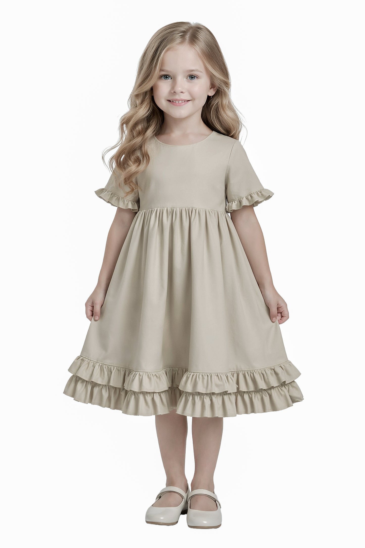 Kinder Teenager gothic lolita Kleid in majestätischem beige. Viktorianisch, aber mit Kurzarm, midi Länge. Rock petticoat tauglich. verspielte Volants, nostalgisch. Feierlich. Festlich. Förmliche Anlässe aber auch Hochzeits feier oder Brautjungfer.