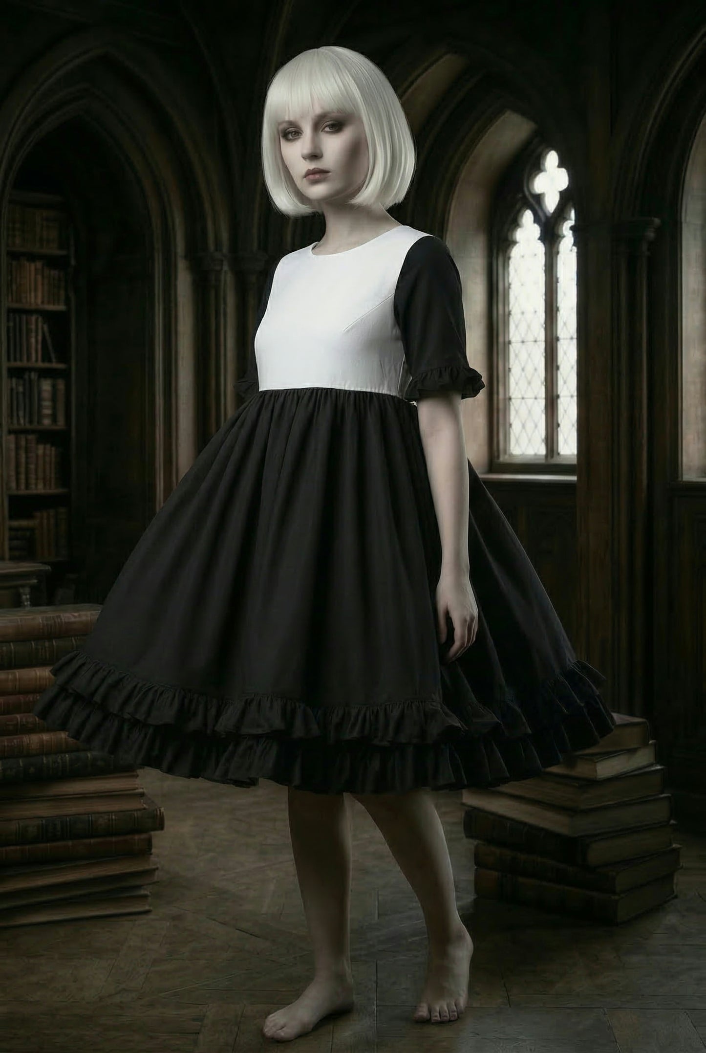Valentina trägt das schwarz weiss Akari Kleid von Mouska Alfar vor kirchlichem Hintergrund mit Petticoat.