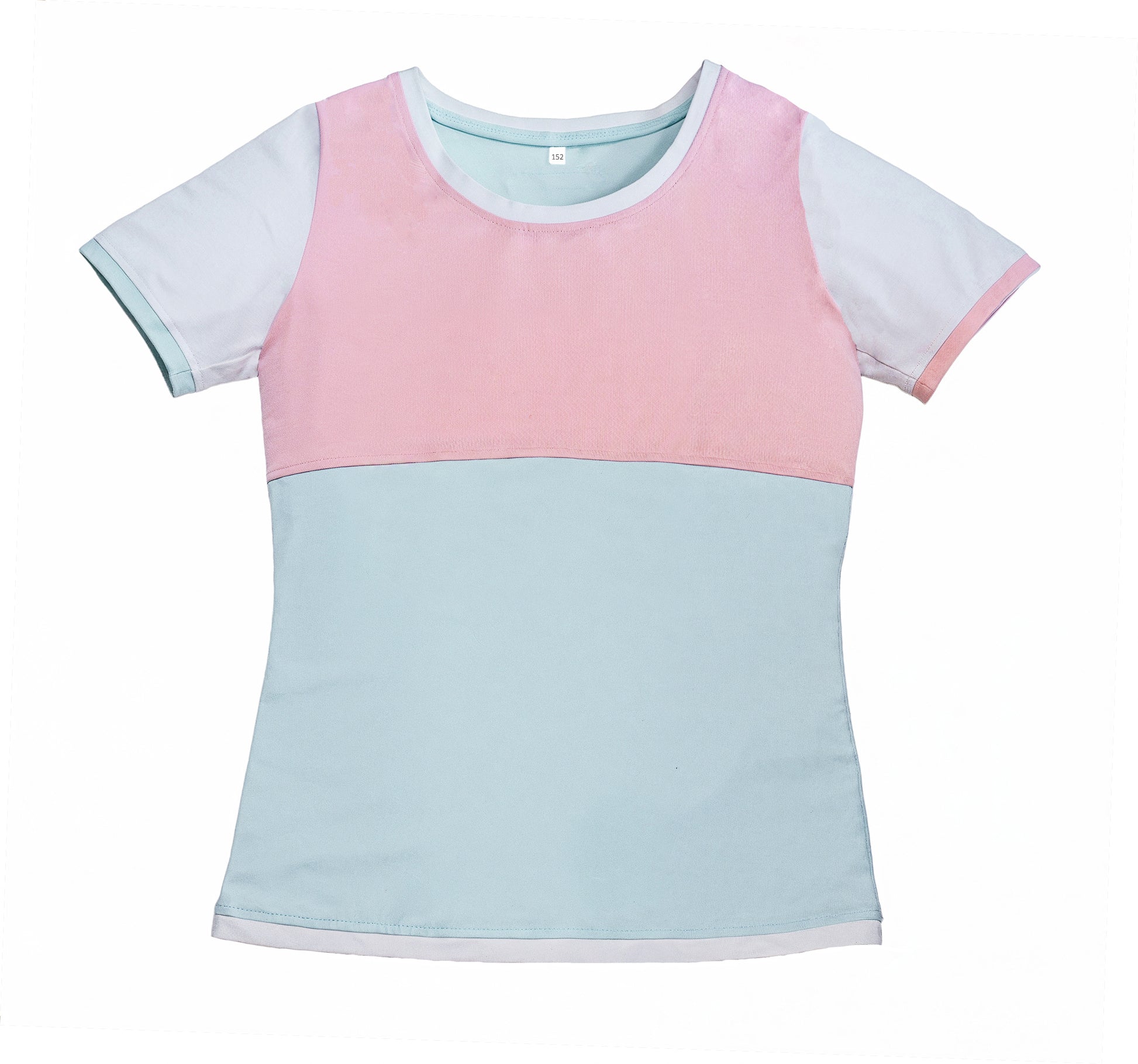 flatlay Kinder Shirt Nikita Vorderansicht, colourblock design, kawaii aesthetic, pastell Farben. Bequem, robust, langlebig, farbecht, pflegeleicht. Aus Baumwolle. Handarbeit
