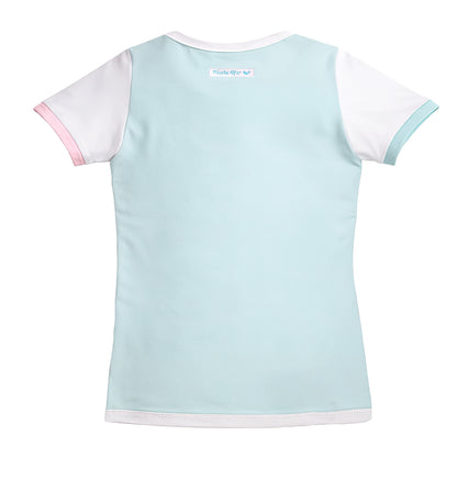 flatlay Kinder Shirt Nikita Rückansicht, colourblock design, kawaii aesthetic, pastell Farben. slow fashion für kids. Größen ab 98 Kindergröße