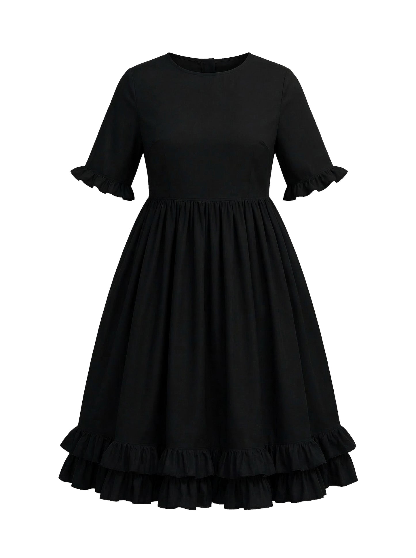 ausladendes Kleid in midi Länge, pech gothic schwarz, Kurzarm, hochgeschlossen, nostalgisch, viktorianisch, mit Rüschen und in allen Größen erhältlich
