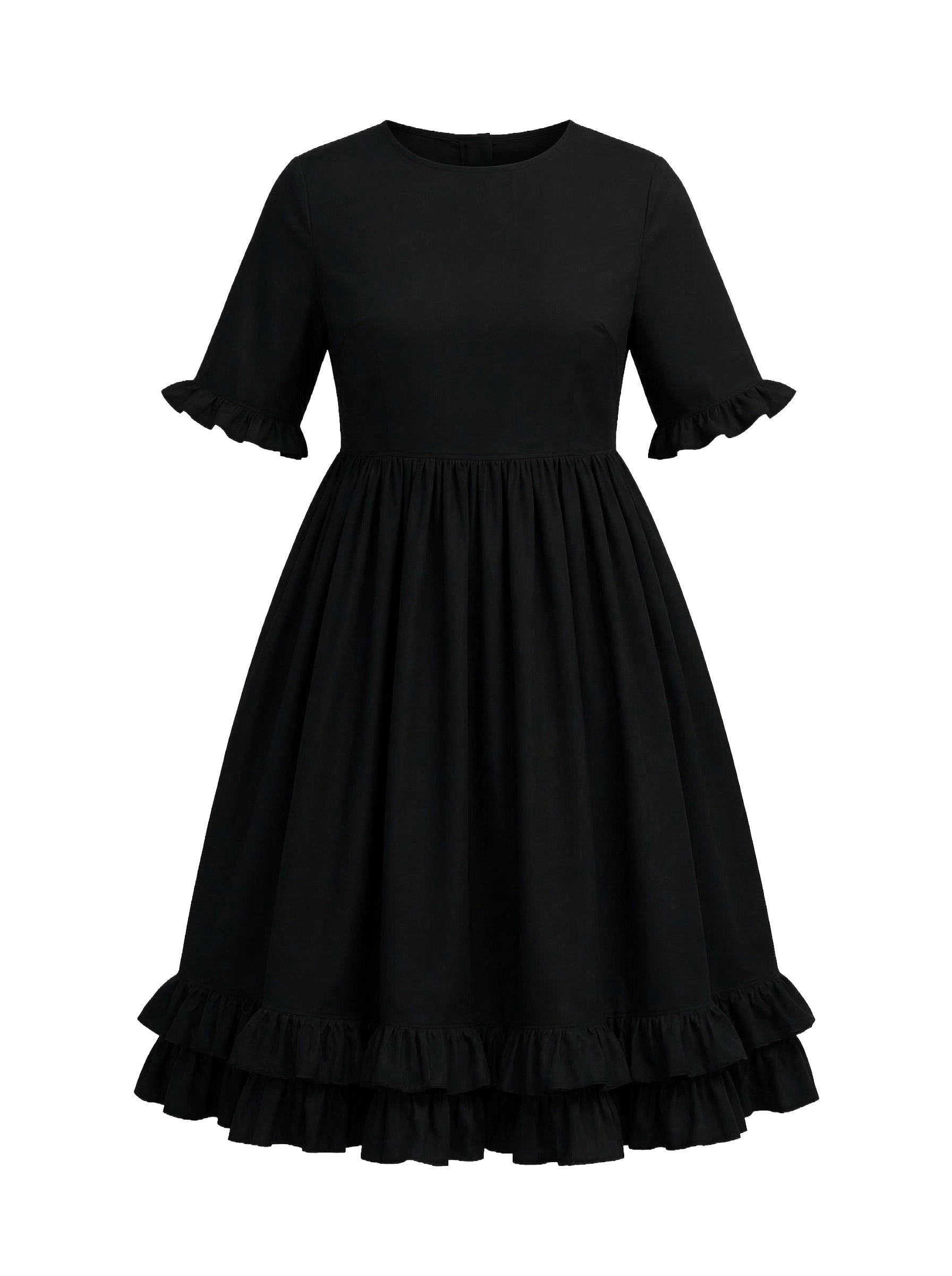 ausladendes Kleid in midi Länge, pech gothic schwarz, Kurzarm, hochgeschlossen, nostalgisch, viktorianisch, mit Rüschen und in allen Größen erhältlich