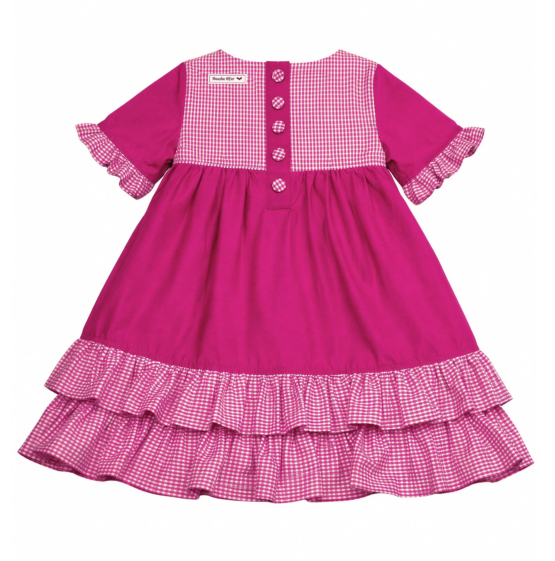 Serie Akari im japanischen Stil: kurzärmeliges Sweet Lolita Kleid aus vichy karo Baumwolle in pink-weiß und uni pink. Verspielt, nostalgisch, romantischer Märchen Decora look in Handarbeit von Mouska Alfar. Rückenansicht, flatlay. Hier am Rücken mit einer Knopfleiste geschlossen mit selbstbezogenen Knöpfen. Aber auch mit Reißverschluß erhältlich.