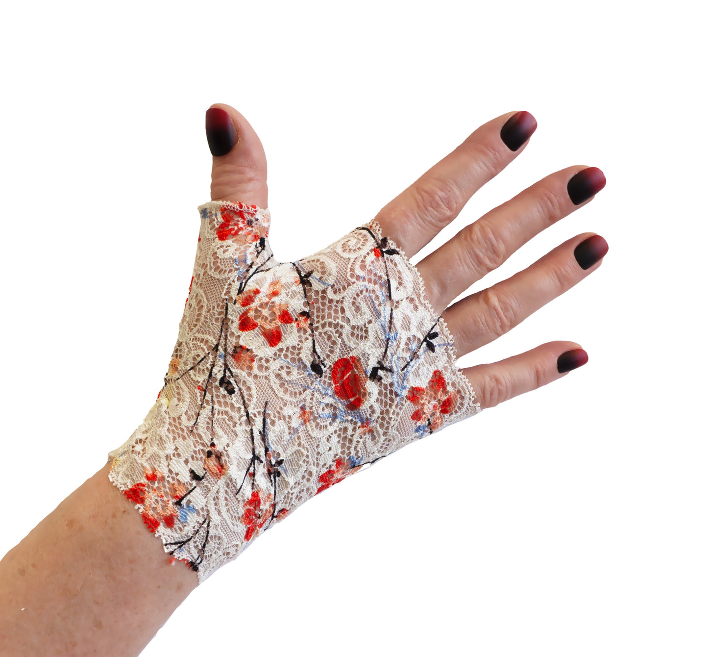 kurze Handschuhe ohne Finger asiatischen Kirschblüten – perfekt für Ethno, Harajuku, japanische oder koreanische outfits, Sweet Lolita looks oder festliche Anlässe.