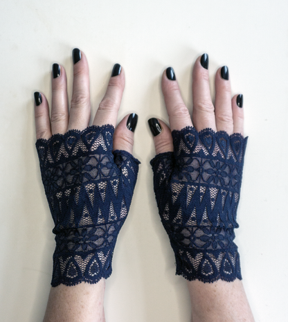 Wrist warmers evening blue gloves fingerless #scallop edge art deco &amp; flower pattern