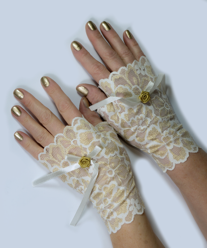 preppy short wrist warmers white gold shiny with golden satin rose + white bow