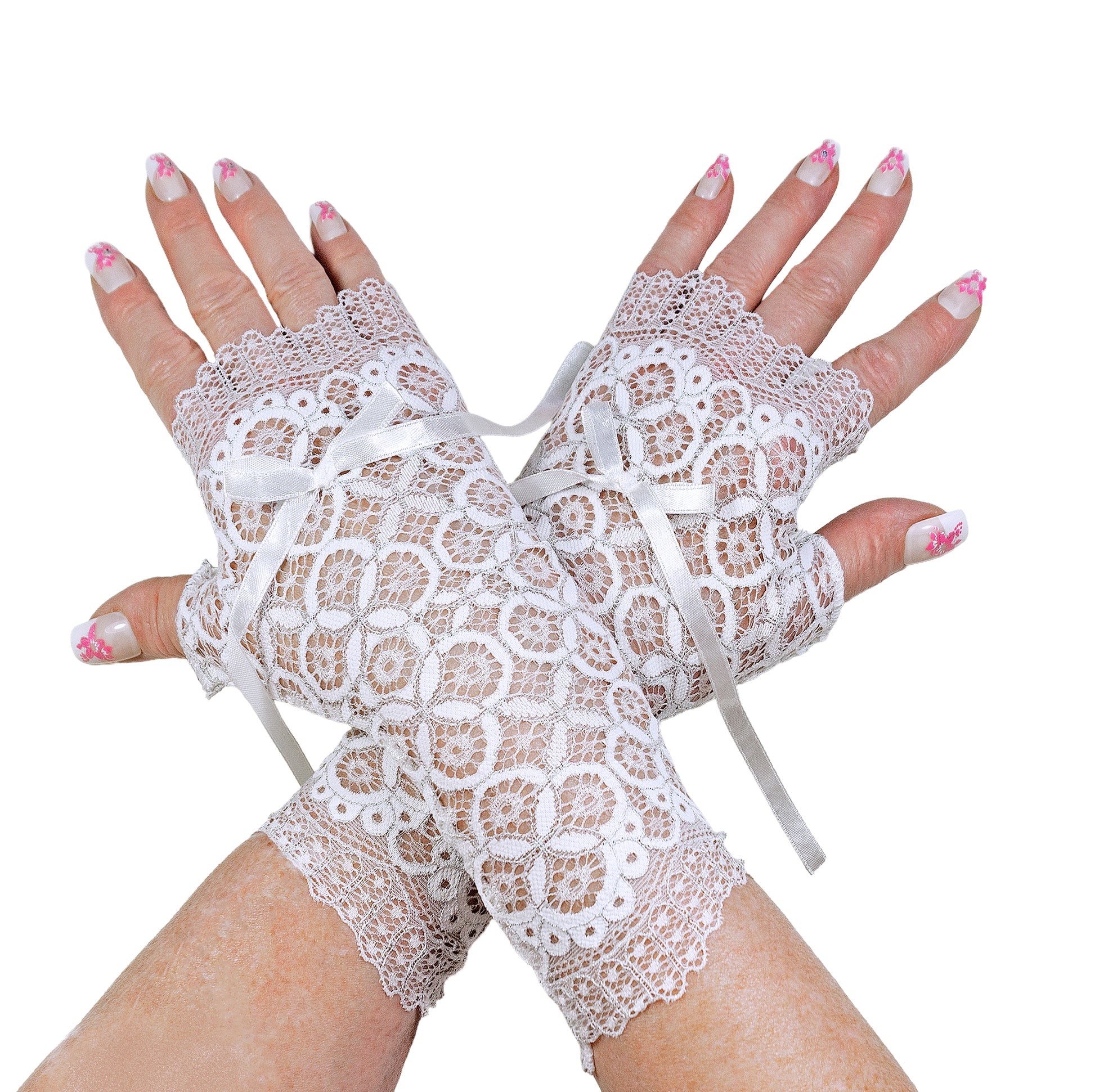 Long fingerless lace gloves, white and silver, Art Deco style with bow – Mouska Alfar Manufaktur