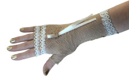 long wrist warmer gloves fingerless beige with white fringe trim + bow satin rose