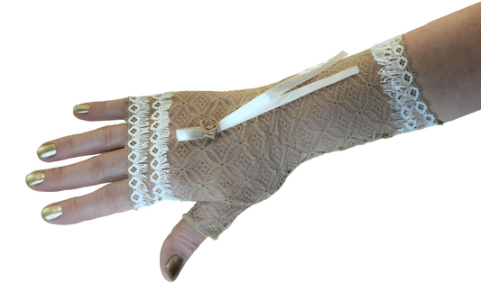 long wrist warmer gloves fingerless beige with white fringe trim + bow satin rose