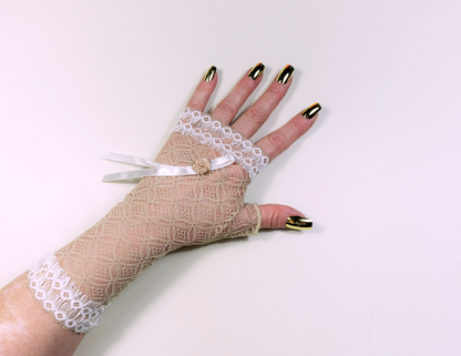 long wrist warmer gloves fingerless beige with white fringe trim + bow satin rose