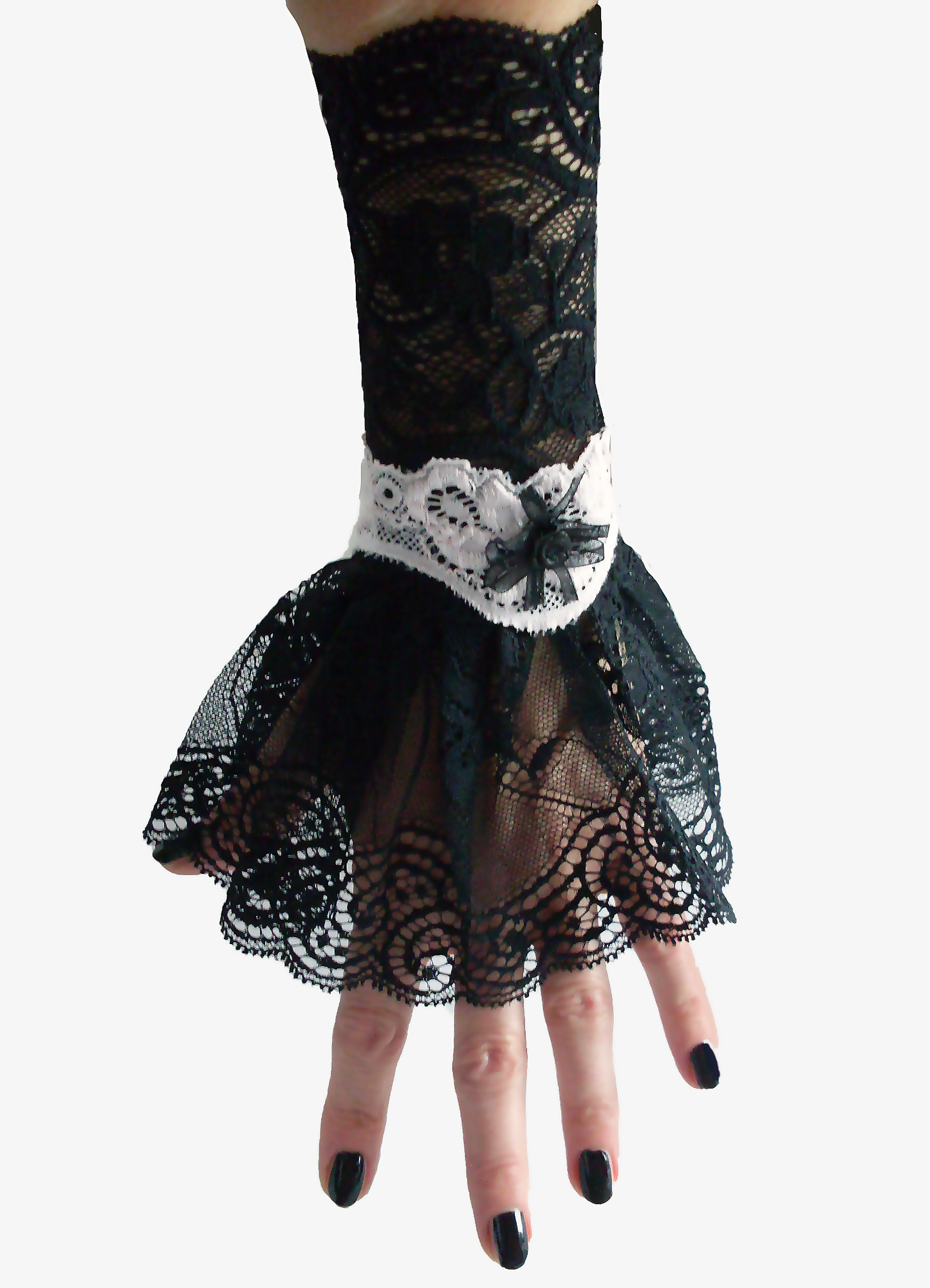 noble gothic lolita Armstulpen aus Spitze schwarz rosé mit Röckchen und Satinrose