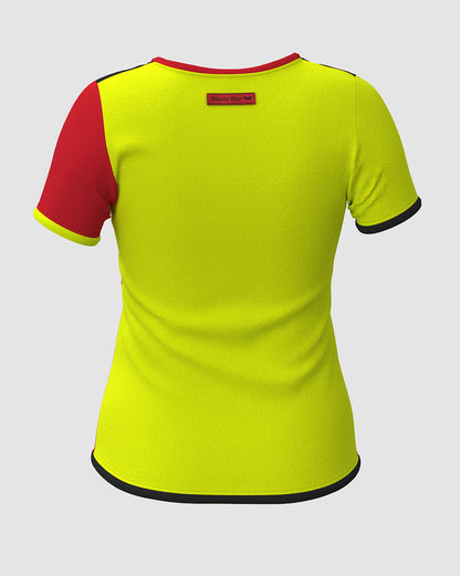 T-shirt Nikita colorblock Farb Variante 1, Rueckenansicht neongelb und schwarz. Trikot style. Sport Freizeit party. uv aktiv, im Schwarzlicht leuchtend, fluoreszierend.