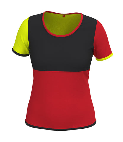 Nikita colorblock Damen Shirt, abgebildete Farb Variation 2: Frontansicht Vorderteil in rot, neongelb und schwarz, mit Saumpaspel, Kurzarm. für party, festival, sport oder den besonderen Auftritt. Langlebig, robust, farbecht, in Handarbeit hergestellt in Deutschland auf Bestellung.