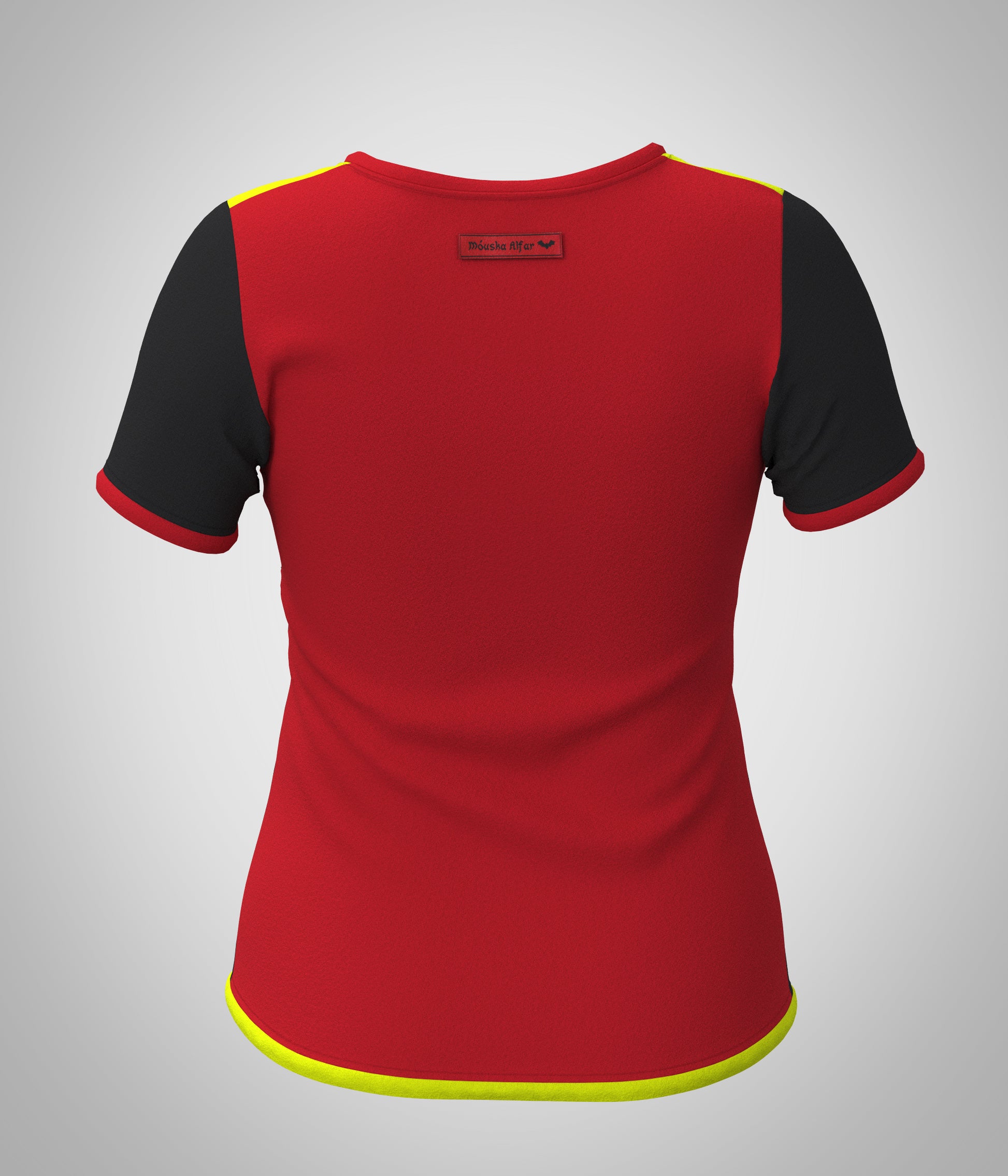 T-shirt Nikita colorblock Farb Variante 3, Rueckenansicht rot und schwarz. Trikot style. Sport Freizeit party. die neon gelbe Farbe ist uv aktiv, im Schwarzlicht leuchtend, fluoreszierend.