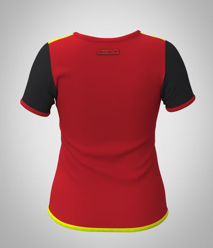T-shirt Nikita colorblock Farb Variante 3, Rueckenansicht rot und schwarz. Trikot style. Sport Freizeit party. die neon gelbe Farbe ist uv aktiv, im Schwarzlicht leuchtend, fluoreszierend.