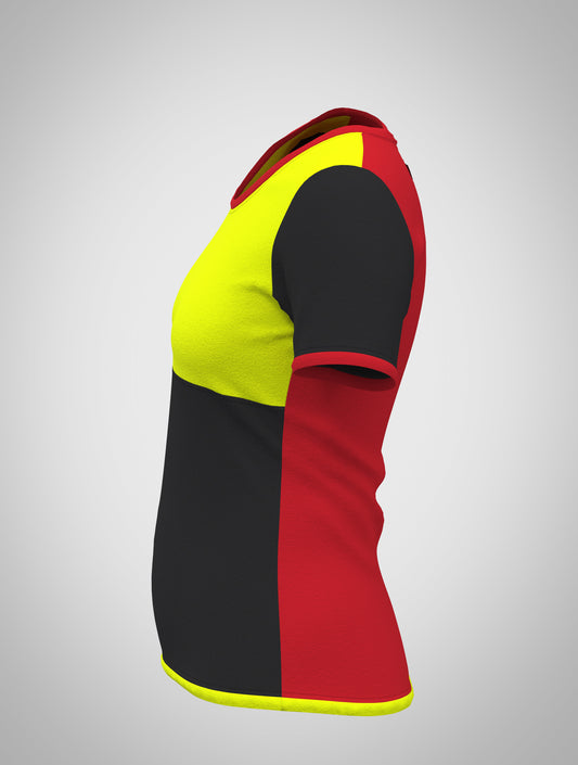 T-shirt Nikita colorblock in neongelb, rot + schwarz, Seitenansicht, Farbkombi 3