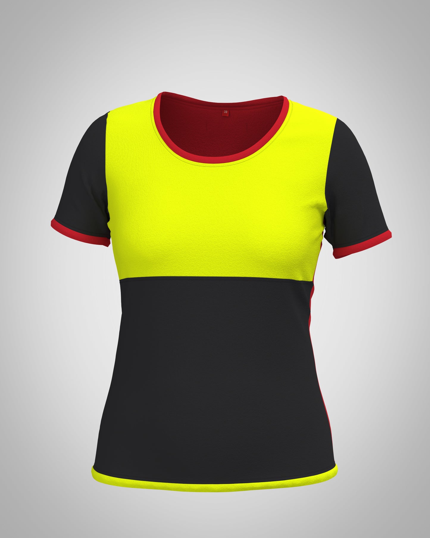 Nikita colorblock Damen Shirt, abgebildete Farb Variation 3: Frontansicht Vorderteil in neongelb und schwarz, mit Saumpaspel, Kurzarm. party, festival, sport. Langlebig, robust, farbecht, in Handarbeit hergestellt in Deutschland auf Bestellung.
