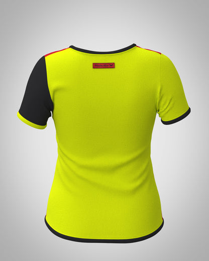 T-shirt Nikita colorblock Farb Variante 1, Rueckenansicht neongelb und schwarz. Trikot style. Sport Freizeit party. uv aktiv, im Schwarzlicht leuchtend, fluoreszierend.