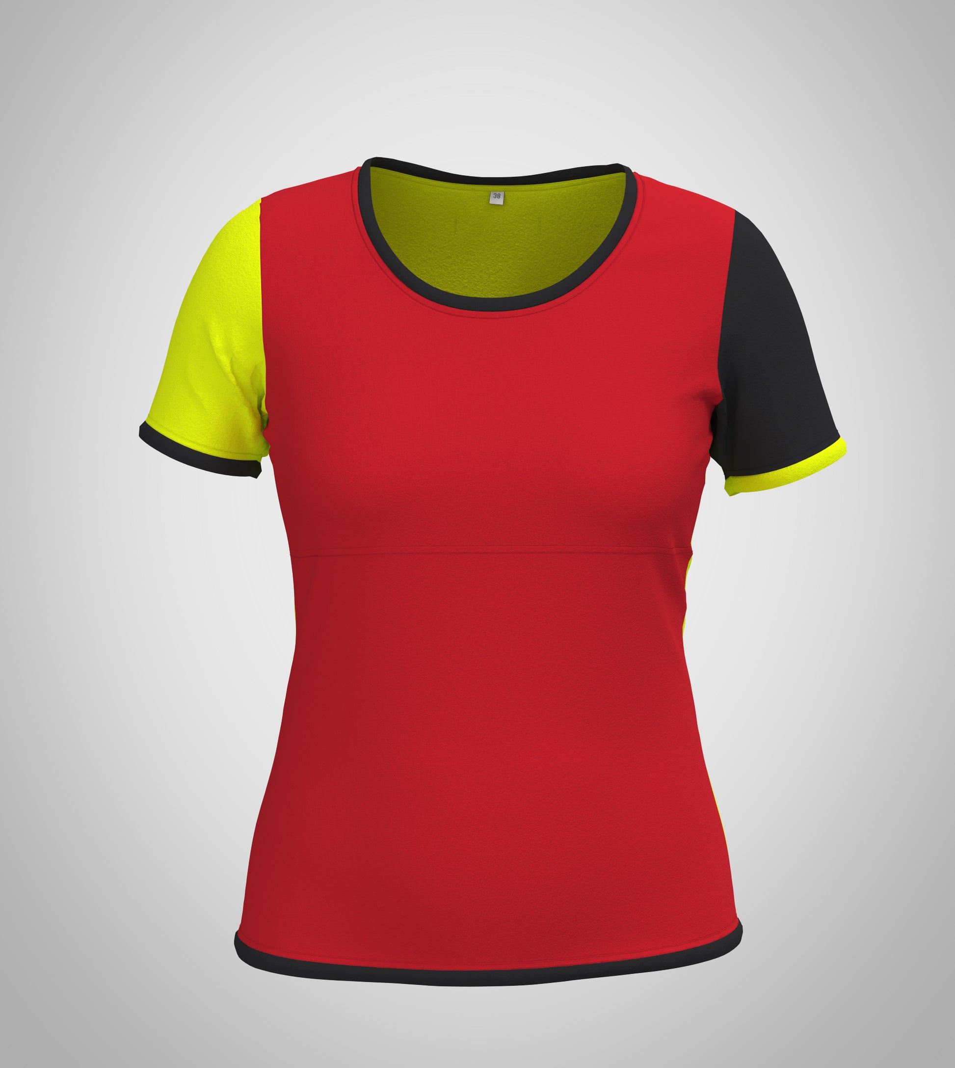 Nikita colorblock Damen Shirt, abgebildete Farb Variation 1: Frontansicht Vorderteil in rot, Ärmel neongelb + schwarz, mit Saumpaspeln in schwarz + neongelb. super für party, festival, sport oder den besonderen Auftritt. Langlebig, robust, farbecht, in Handarbeit hergestellt in Deutschland auf Bestellung.
