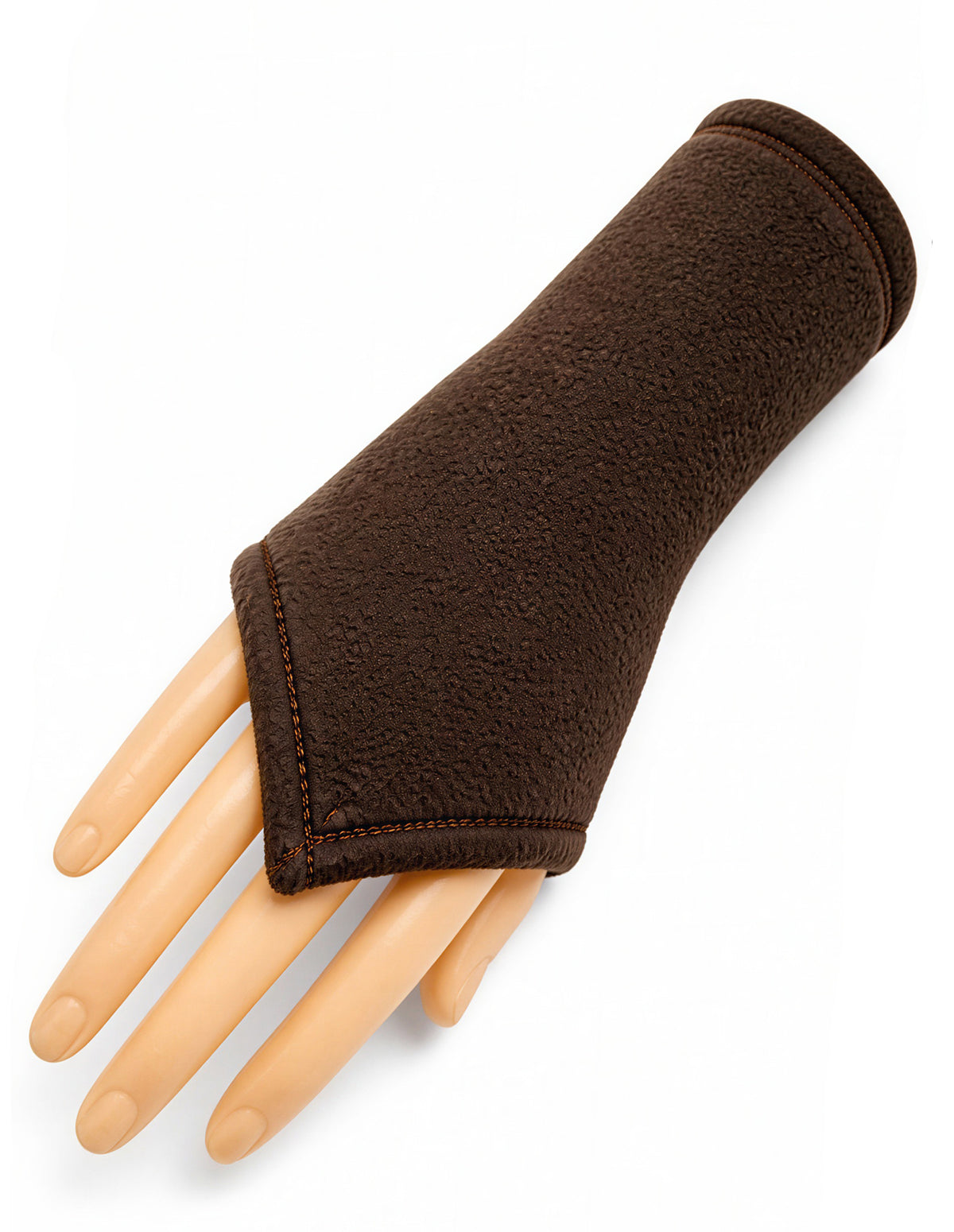 eine einzelne Stulpe an einem Arm, Hand in braun. 