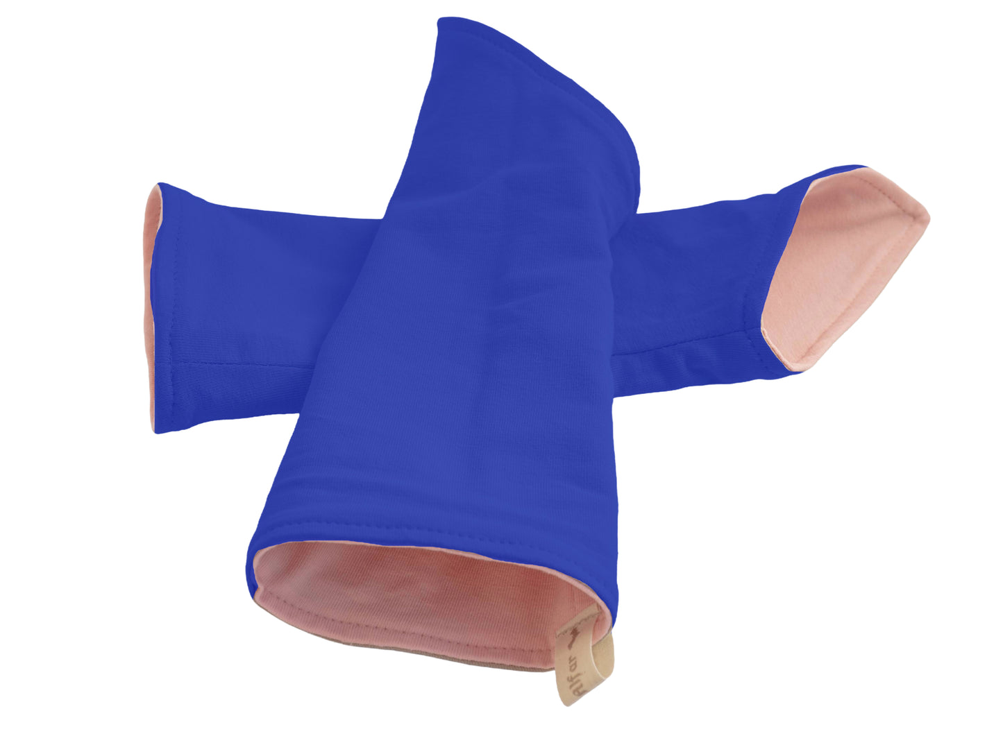 flatlay von einem Paar Wichtel Armstulpen aus Baumwolle zum Wenden, Farbe rosa royal blau