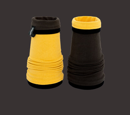 Soft jersey wrist warmers, SUPER COMFORTABLE #MUSTHAVE, brightly patterned, lined, lining color selectable, with bow