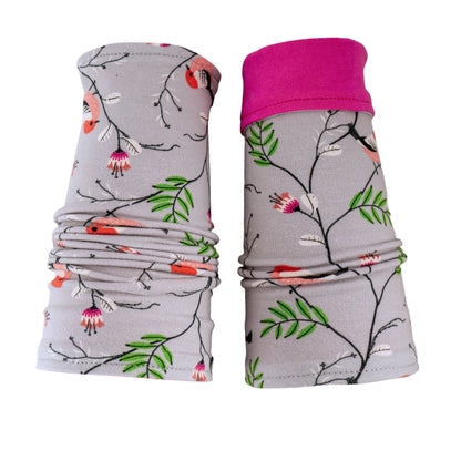 Soft jersey wrist warmers, SUPER COMFORTABLE #MUSTHAVE, brightly patterned, lined, lining color selectable, with bow