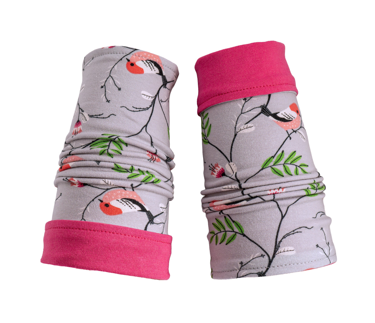 Soft jersey wrist warmers, SUPER COMFORTABLE #MUSTHAVE, brightly patterned, lined, lining color selectable, with bow