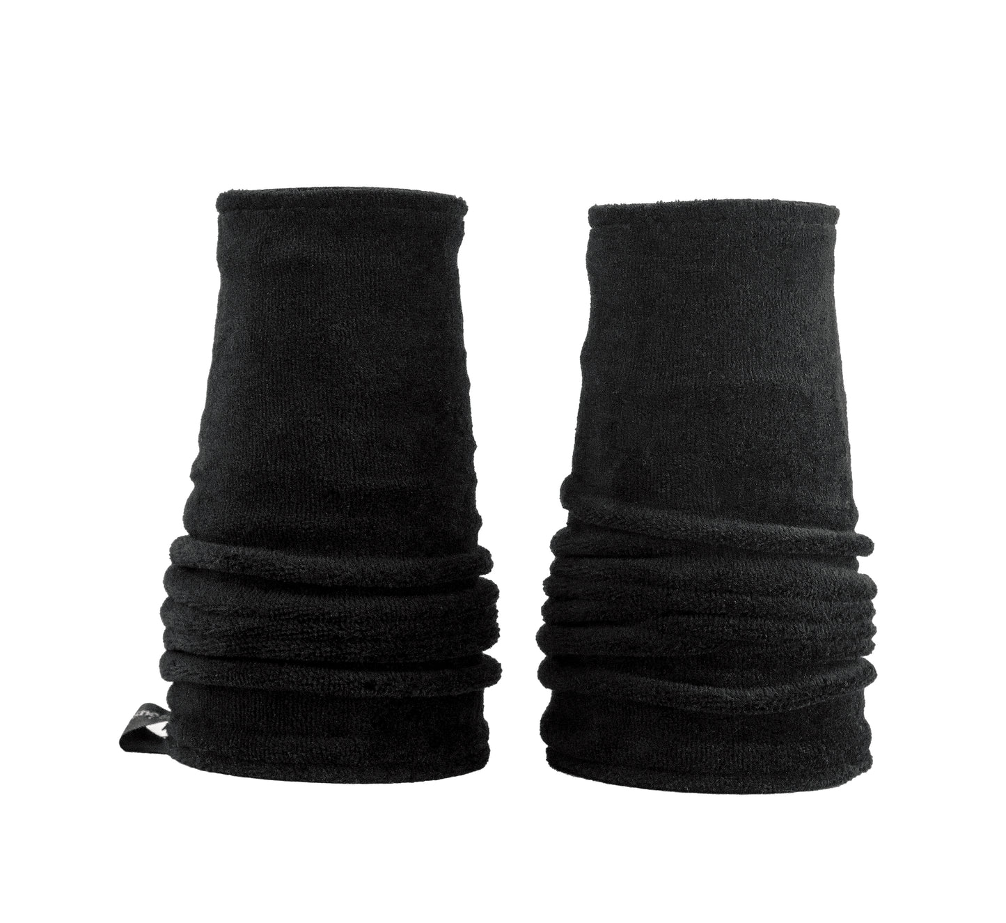 ein Paar kuschelige Stulpen in schwarz - schwarz aus Nicki und Jersey, wendbar. 